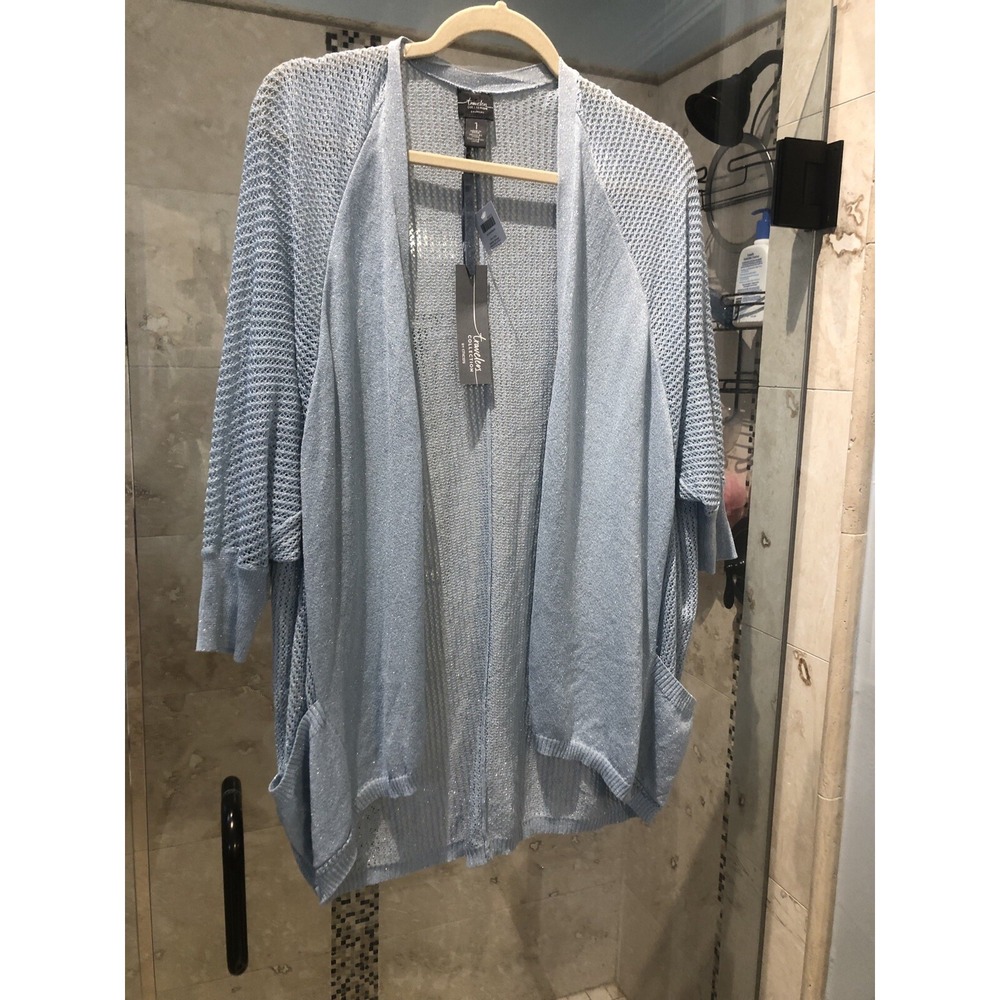 CHICOS TRAVELERS Icy Blue Sweater Cardigan SILVER GLITTER SPARKLE SZ 1 M 8 10